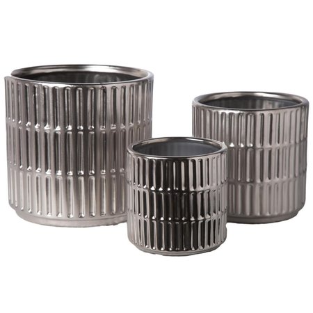 URBAN TRENDS COLLECTION Ceramic Round Pot with Wide Mouth  Engraved Rectangle Body Matte Silver Set of 3 45951